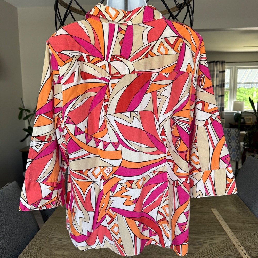 Chicos No-Iron Abstract Geometric Button Down Shirt Pink Orange 3/4 Sleeve 3 XL - Picture 2 of 12